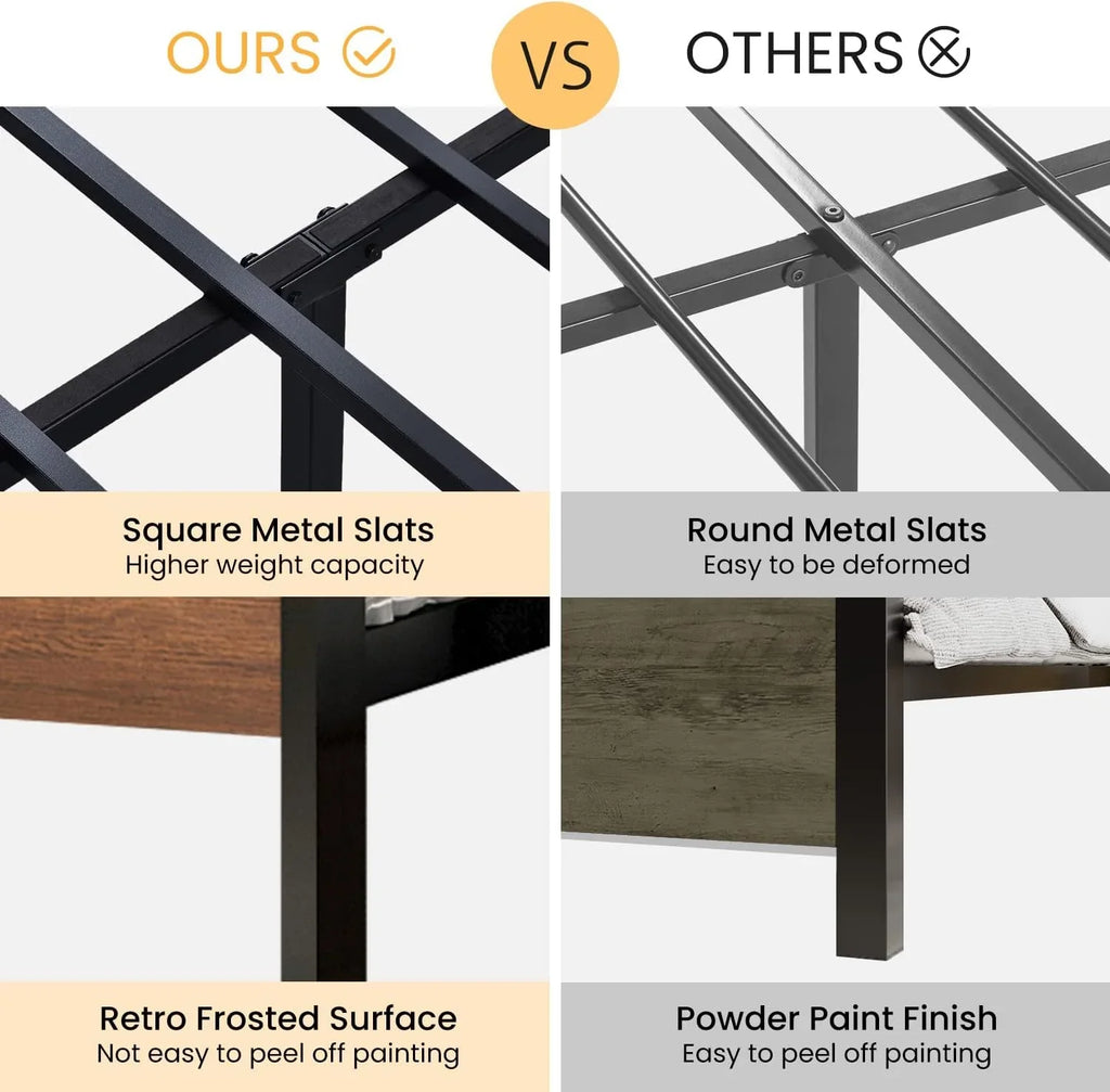 Cadre de lit plateforme en métal SHA CERLIN 14" Queen, antidérapant et silencieux, chêne noir