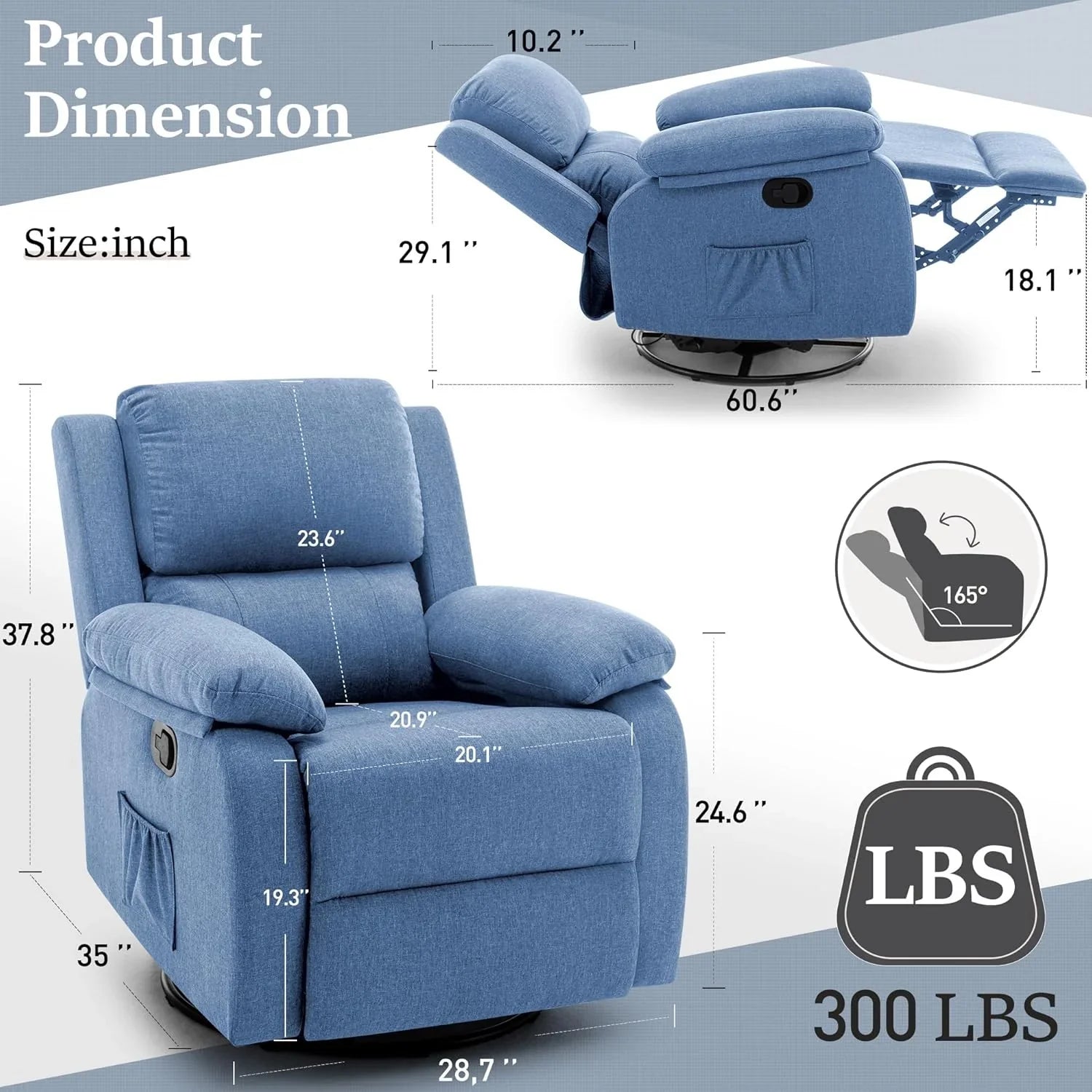 Fauteuil à bascule inclinable pivotant à 360 degrés en tissu coulissant