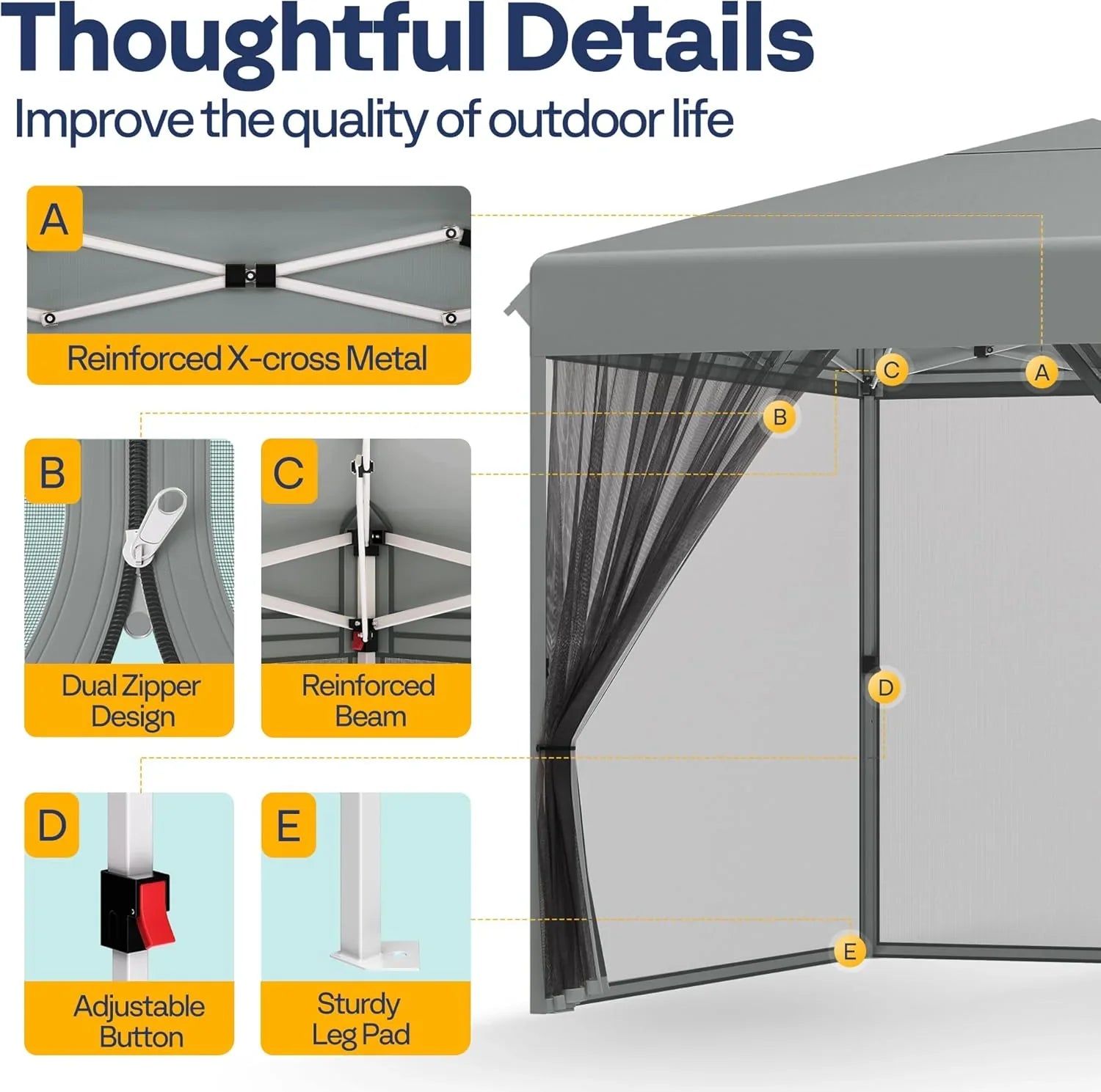 Auvent escamotable facile à monter de 10 x 10 pieds, tente moustiquaire d'extérieur avec moustiquaire, 2 portes à glissière et sac à roulettes