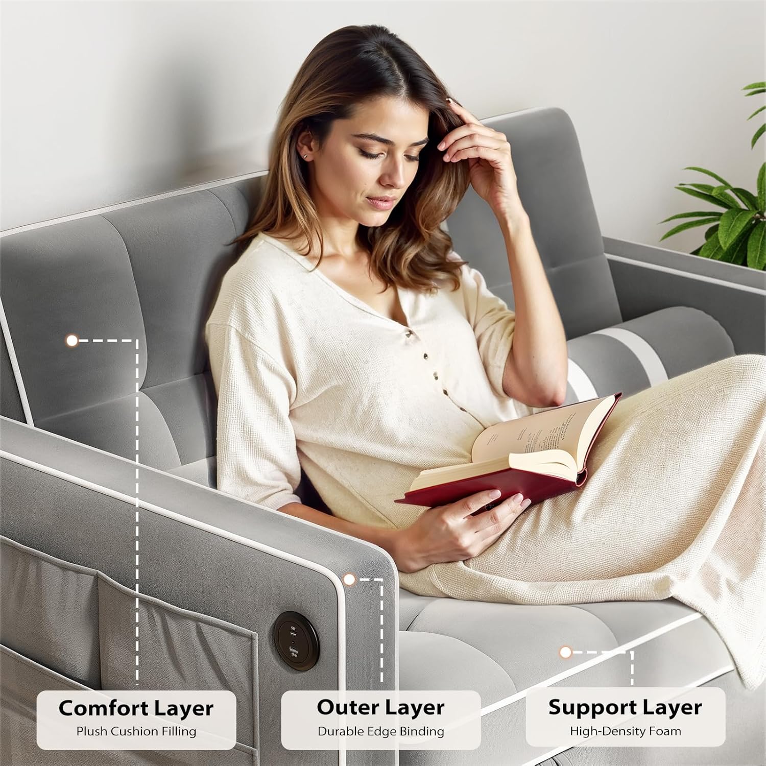 Canapé-lit convertible 3 en 1 Pipishell, canapé-lit gigogne de salon avec port USB et poches latérales