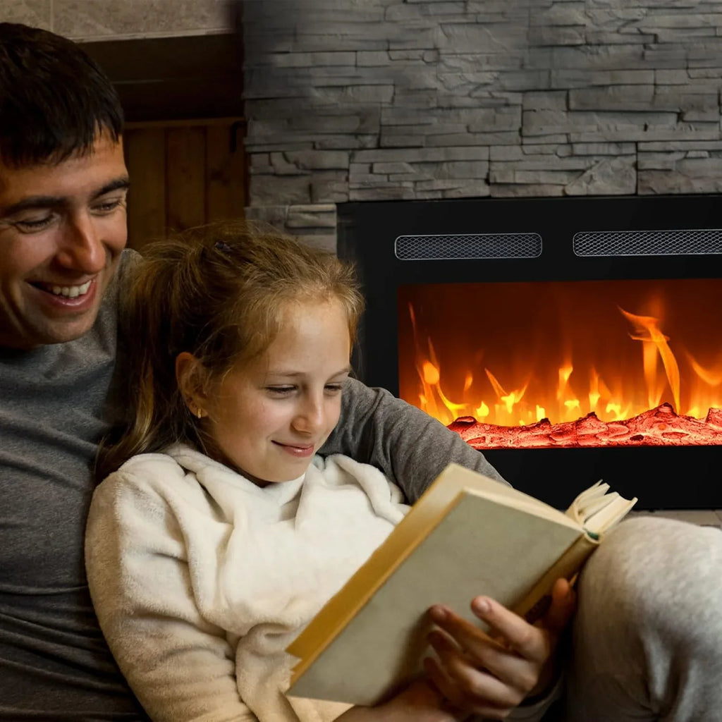 EUHOMY Cheminée électrique encastrée et murale de 50 pouces avec couleur de flamme réglable, chauffage de cheminée avec télécommande, cheminée linéaire avec minuterie, écran tactile, bûche et cristal, 750/1500 W