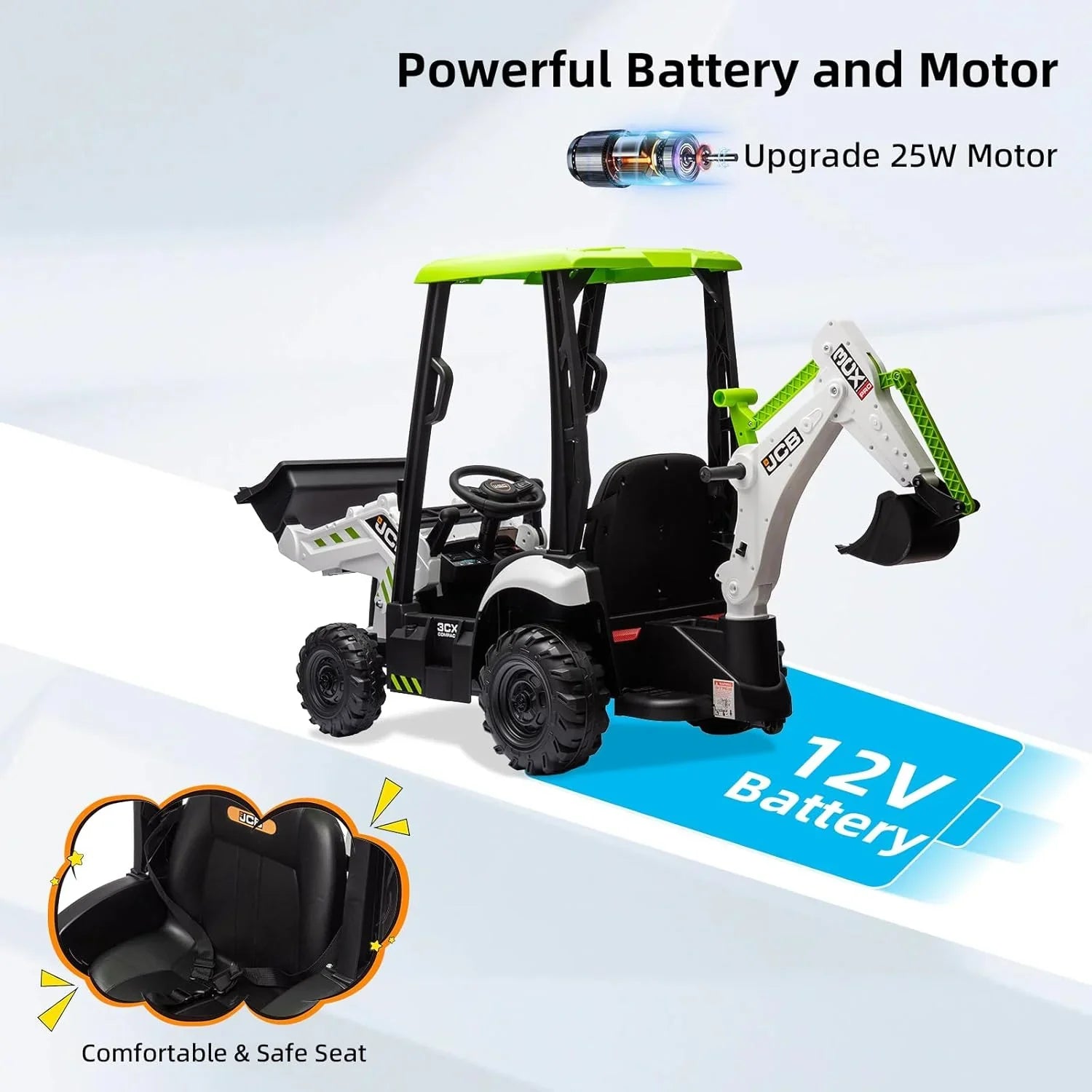 Pelleteuse autoportée JCB 12 V, jouet pour enfants de 4 à 8 ans, véhicule électrique pour enfants avec tracteur, bulldozer, bras de creusement et pelle rétrocaveuse.