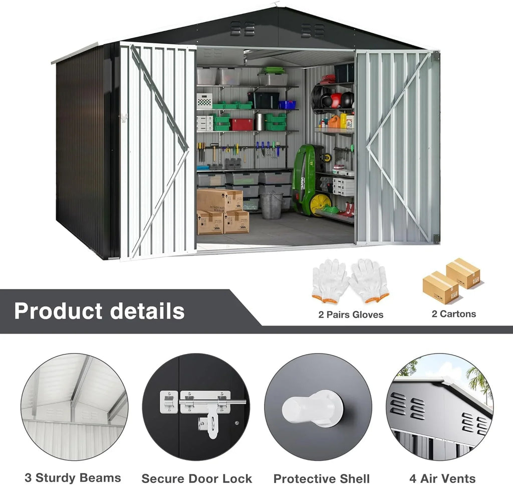 Abri de jardin extérieur Polar Aurora 8 x 12 pi, abri de jardin en métal avec structure modernisée, abris à outils pour jardin, terrasse, pelouse, noir