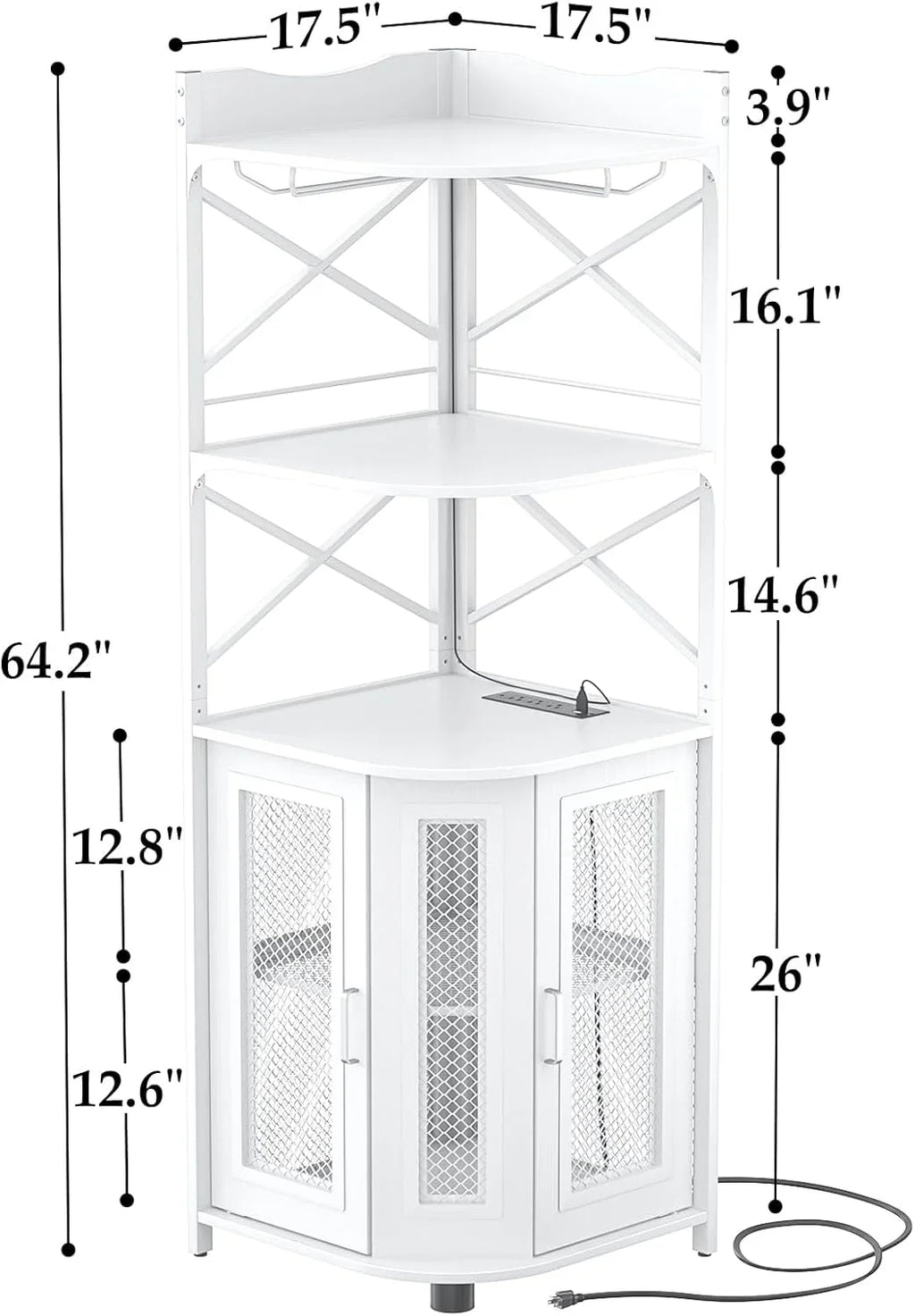 Meuble bar d'angle avec prise de courant, armoire à vin de style industriel avec bande lumineuse LED et support à verres, meuble bar à vin à cinq niveaux pour la maison, vitrine d'angle pour petit espace