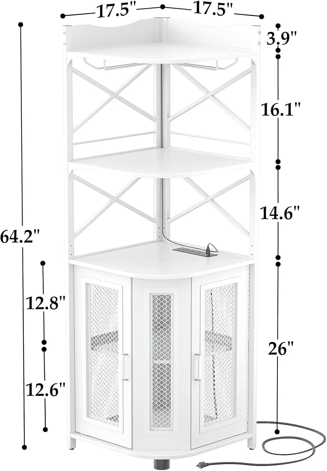 Meuble bar d'angle avec prise de courant, armoire à vin de style industriel avec bande lumineuse LED et support à verres, meuble bar à vin à cinq niveaux pour la maison, vitrine d'angle pour petit espace