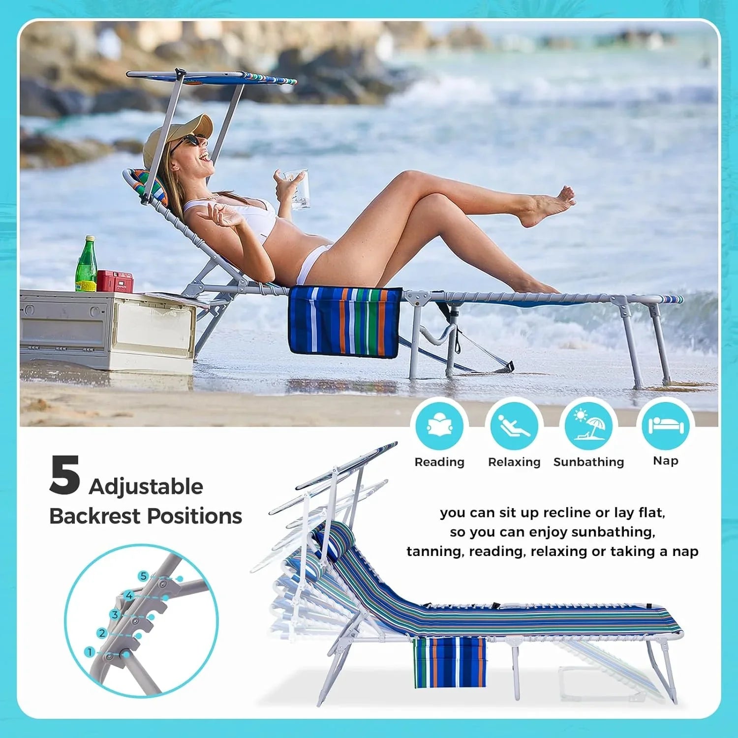 Lot de 2 chaises longues d'extérieur - Chaise longue pliante portable pour patio, piscine, camping, inclinable et réglable sur 5 positions