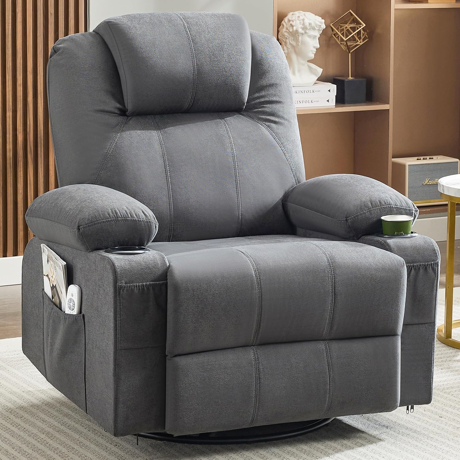 Grand fauteuil inclinable pivotant à bascule avec fonction chauffage et massage, canapé simple pivotant à 360 degrés