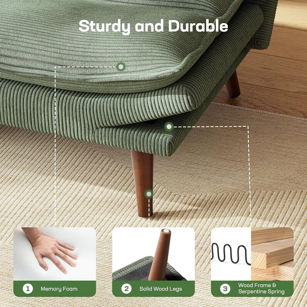 Canapé-lit futon, canapé futon avec dossier et accoudoirs réglables, convertible en petit canapé-lit causeuse en velours côtelé vert