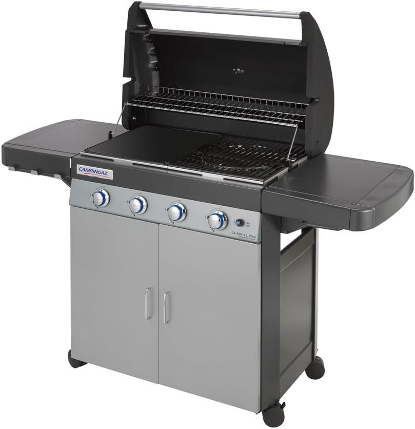 Barbecue à gaz Campingaz Classe 4 L Plus, 4 brûleurs, puissance 12,8 kW, système de nettoyage facile InstaClean, grille et plaque de cuisson en fonte double émaillée, 2 étagères latérales