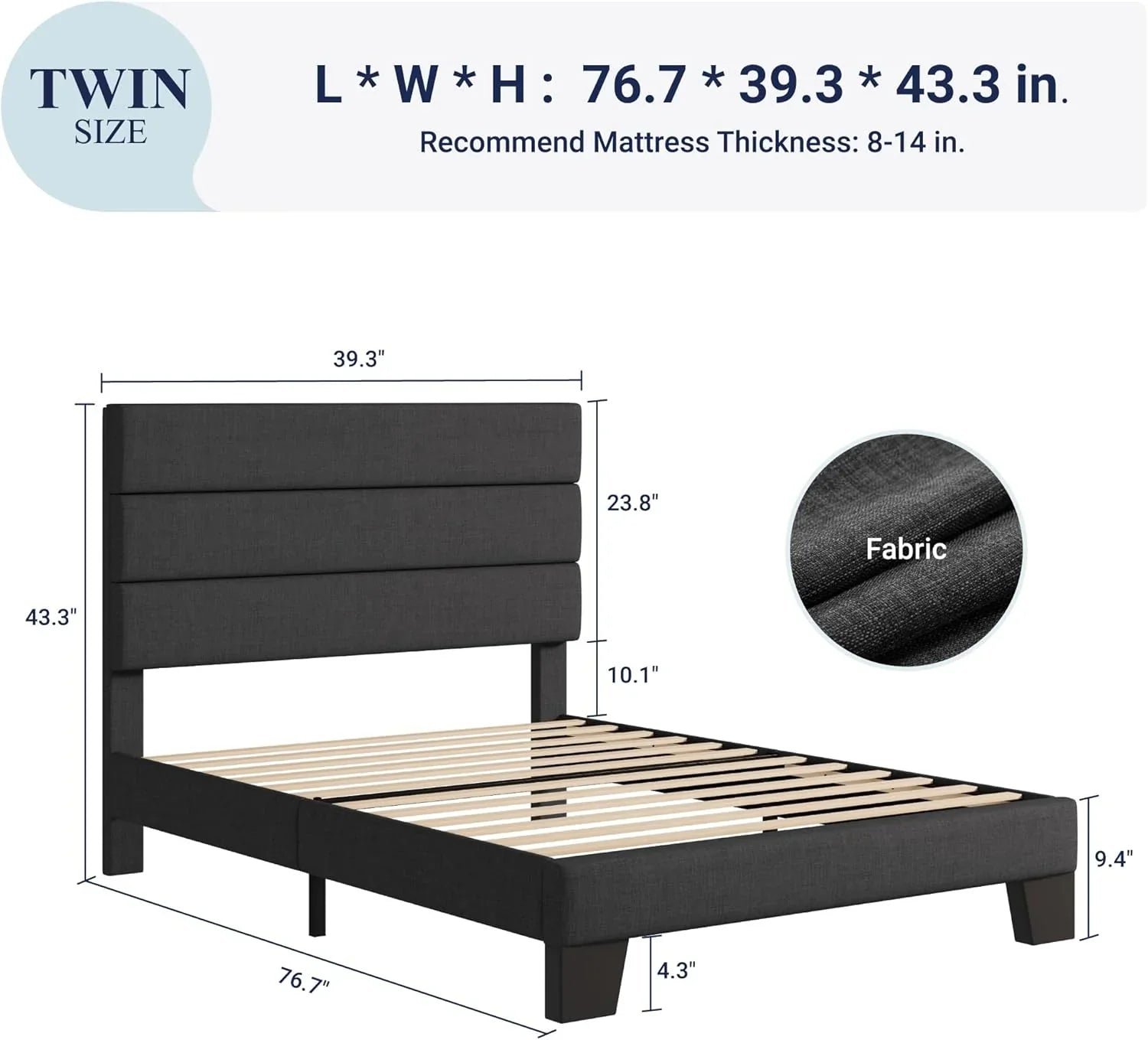 Cadre de lit plateforme Allewie Queen Size avec tête de lit rembourrée en tissu et support à lattes en bois, sommier entièrement rembourré (pas besoin de sommier)