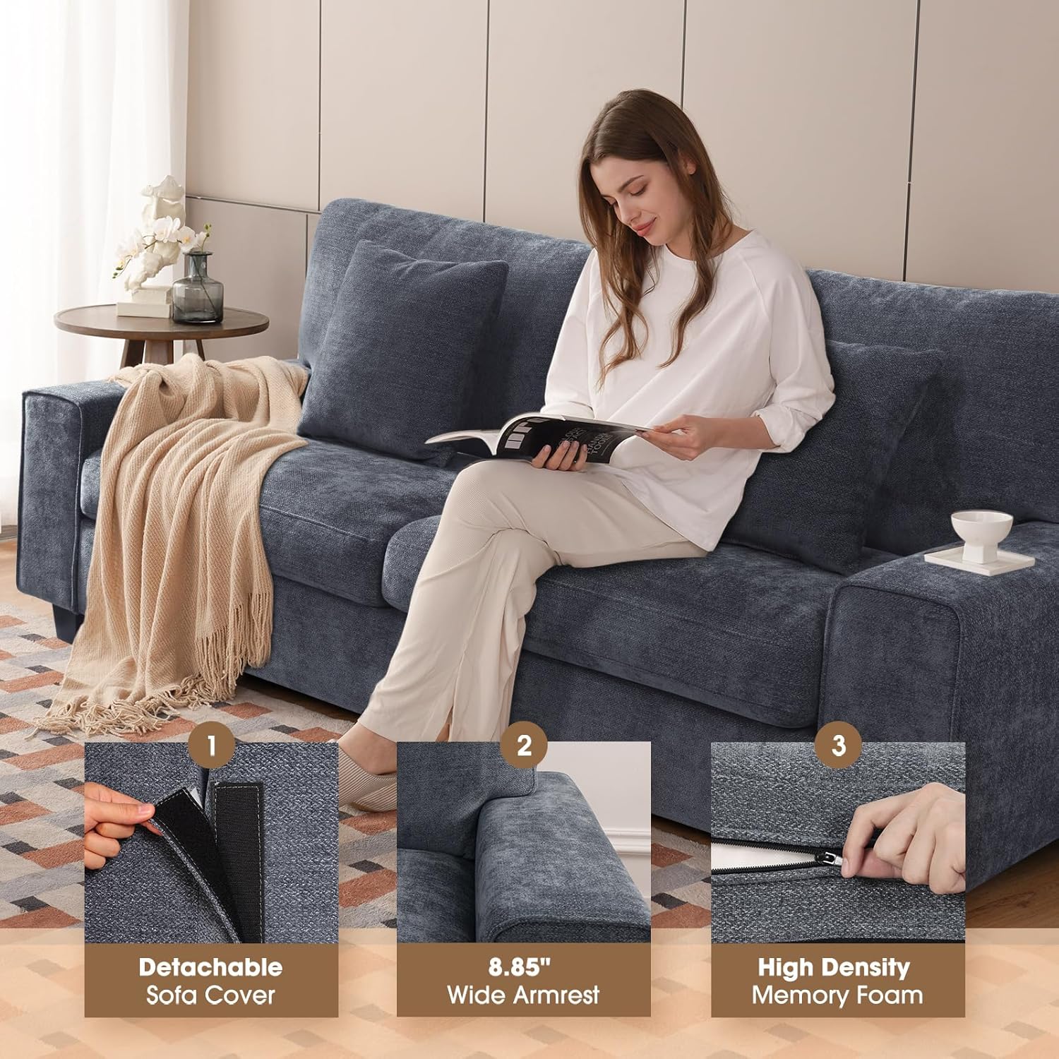 Canapé double de salon DOPEDIO, fauteuil en chenille, amovible, structure en bois massif