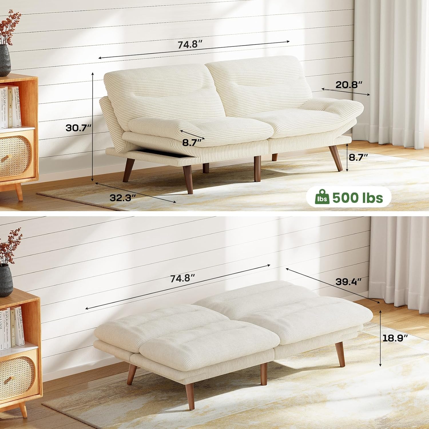 Canapé-lit futon, canapé futon avec dossier et accoudoirs réglables, convertible en petit canapé-lit causeuse en velours côtelé vert