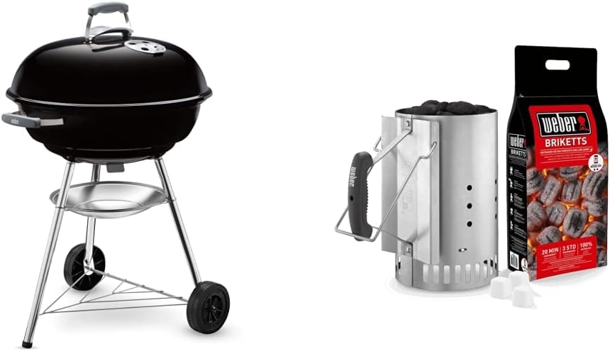 Weber Compact Kettle barbecue au charbon de bois, surface de cuisson Ø 57cm, barbecue avec couvercle et cuve en acier emaillé, trépied et roues, grille chromée - Noir (1321004)