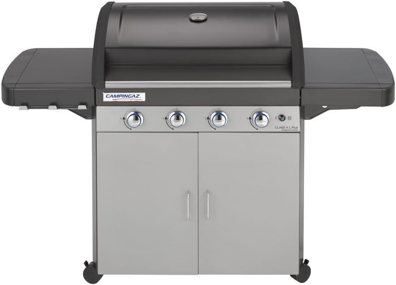 Barbecue à gaz Campingaz Classe 4 L Plus, 4 brûleurs, puissance 12,8 kW, système de nettoyage facile InstaClean, grille et plaque de cuisson en fonte double émaillée, 2 étagères latérales
