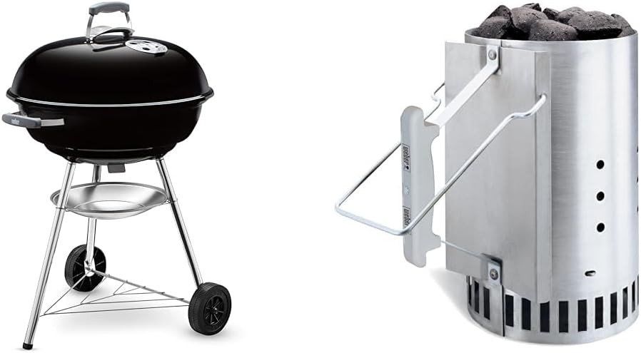 Weber Compact Kettle barbecue au charbon de bois, surface de cuisson Ø 57cm, barbecue avec couvercle et cuve en acier emaillé, trépied et roues, grille chromée - Noir (1321004)