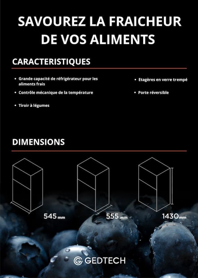 Réfrigérateur de table GEDTECH 85 L GTOP93BL avec compartiment congélateur - Classe E
