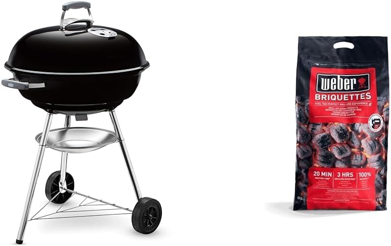 Weber Compact Kettle barbecue au charbon de bois, surface de cuisson Ø 57cm, barbecue avec couvercle et cuve en acier emaillé, trépied et roues, grille chromée - Noir (1321004)