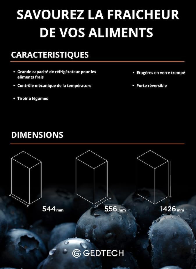 Réfrigérateur de table GEDTECH 85 L GTOP93BL avec compartiment congélateur - Classe E