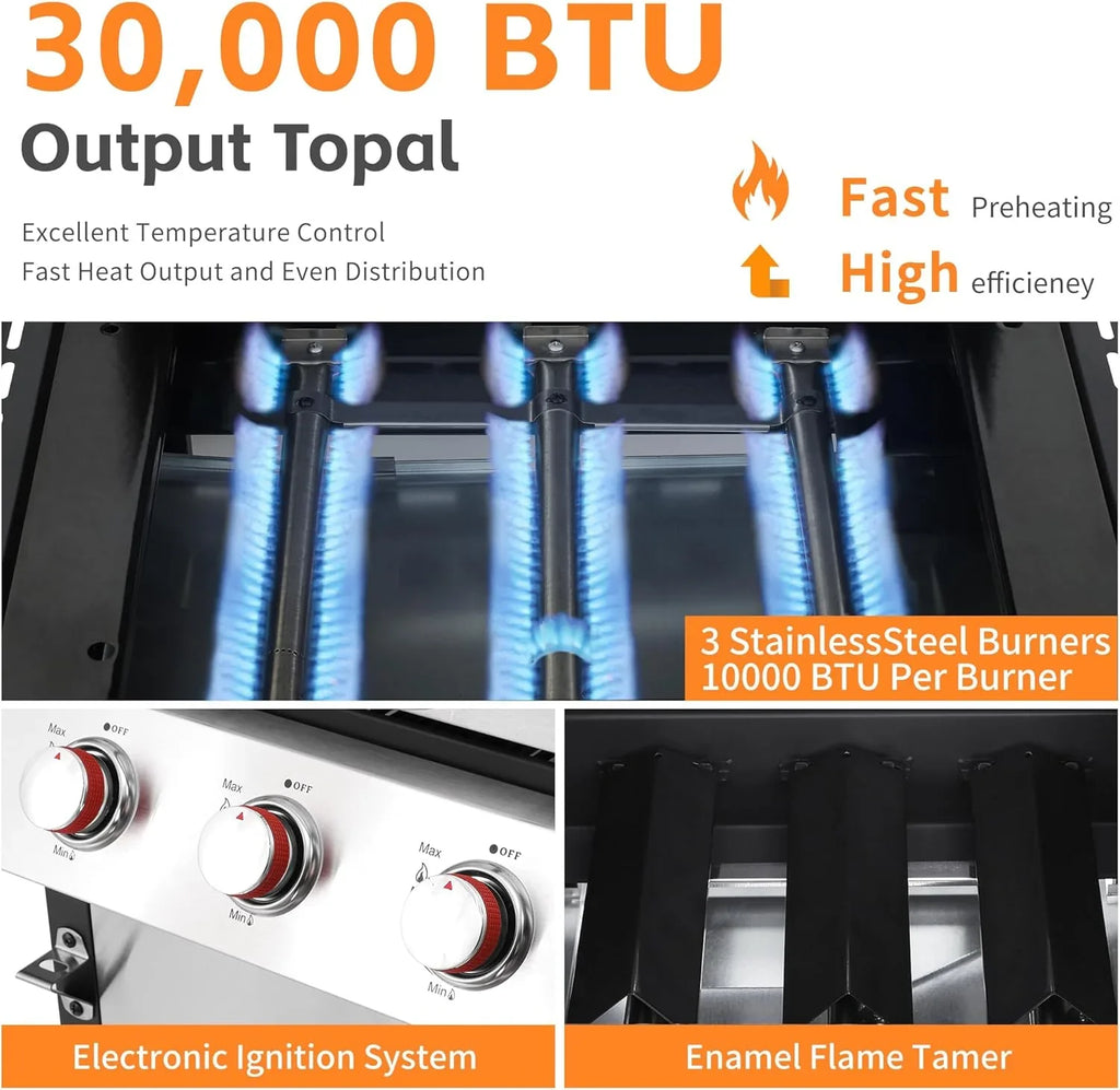 Barbecue au gaz propane à 3 brûleurs avec une puissance de 30 000 BTU