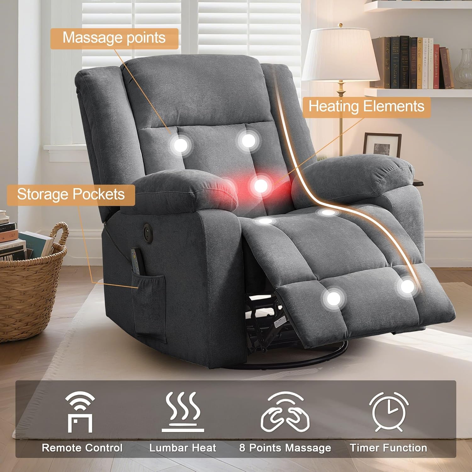 Fauteuil à bascule pour adulte, fauteuil inclinable coulissant, fauteuil à bascule rotatif à 360° avec fonction massage et chauffage