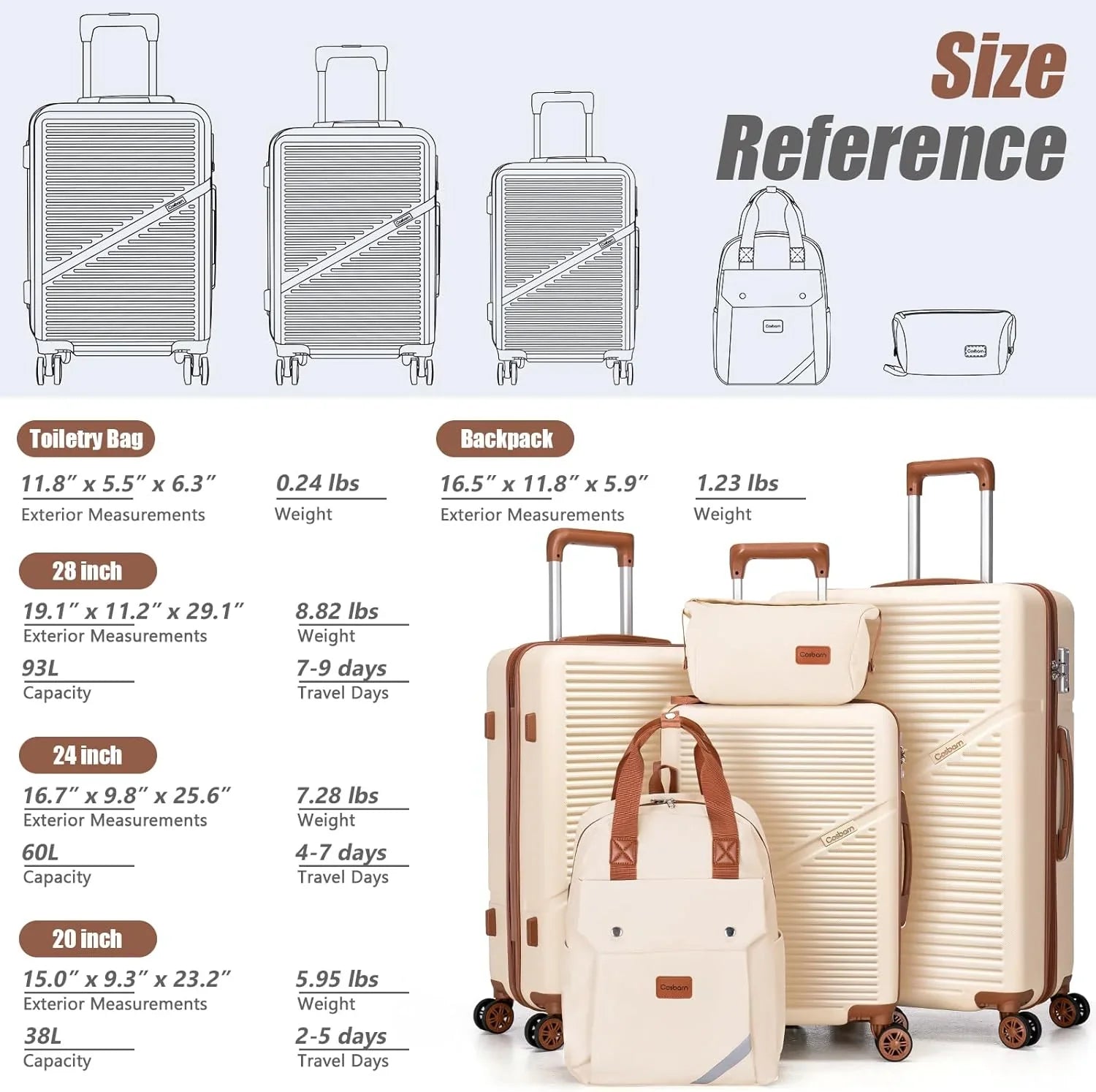 Ensemble de 5 valises à roulettes pivotantes, valises rigides en ABS avec serrure TSA, valise de voyage légère et étanche, unisexe, gris