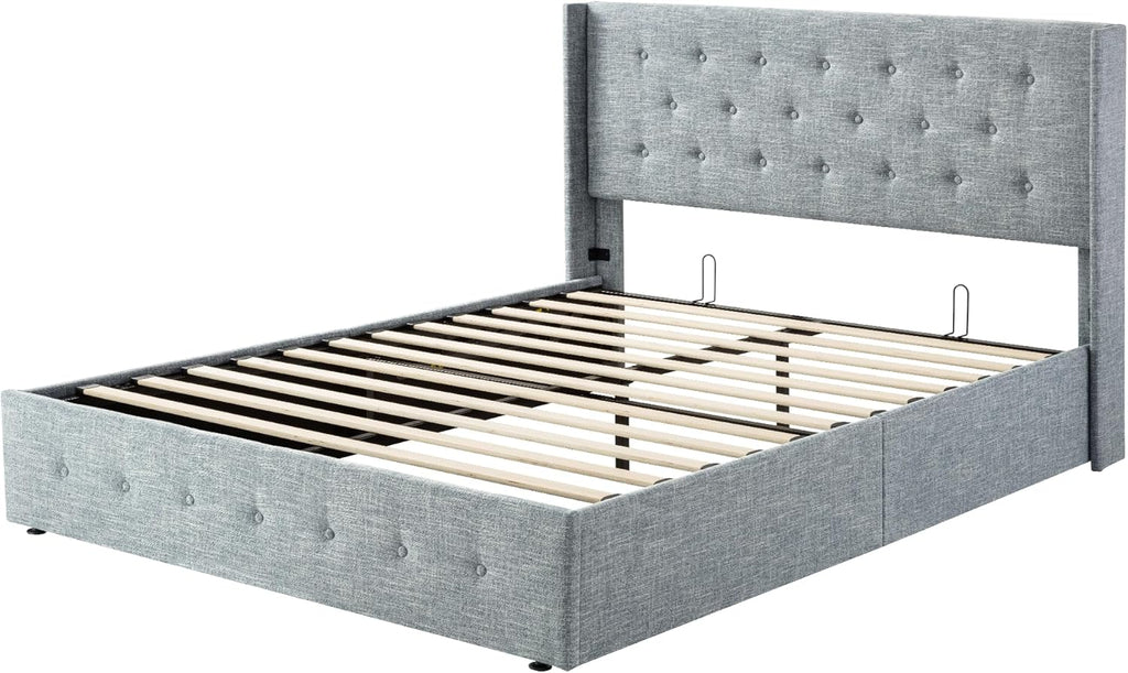 Lit queen-size relevable avec rangement Allewie, tête de lit à oreilles moderne et support hydraulique