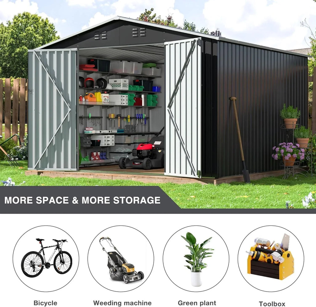 Abri de jardin extérieur Polar Aurora 8 x 12 pi, abri de jardin en métal avec structure modernisée, abris à outils pour jardin, terrasse, pelouse, noir