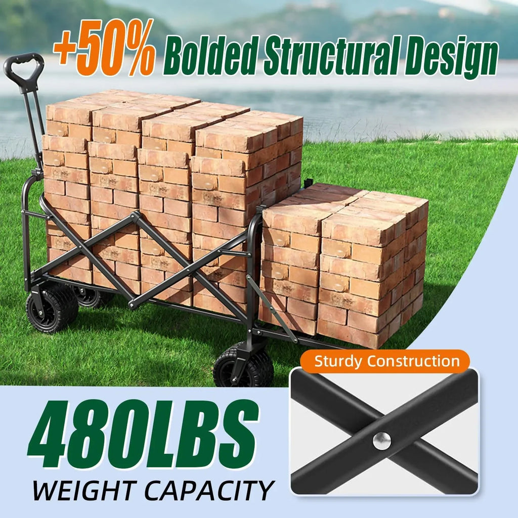 Chariot pliable à 4 roues, pliable, 37 pouces de long, capacité de 480 lb, chariot de plage robuste, chariot de courses avec roues