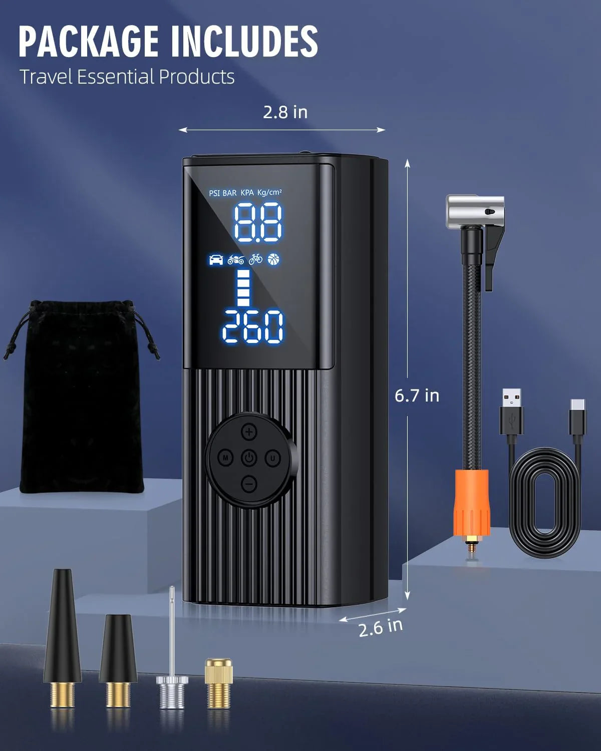 Compresseur d'air portable 180 PSI avec éclairage LED, 25 000 mAh, gonflage 3 fois plus rapide pour voiture, vélo, moto, ballon, etc.