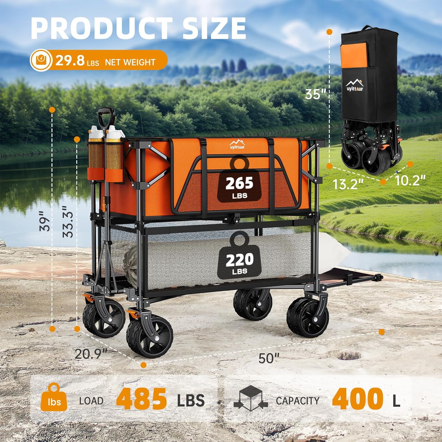 Chariot de sport extra-long pliable à deux étages de 50 pouces (127 cm), chariot robuste et pliable de 400 litres avec grandes roues, chariot extensible tout-terrain utilitaire pour l'extérieur