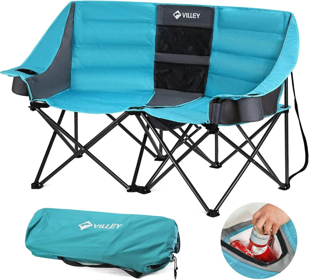 Chaise de camping double (avec sac isotherme), causeuse extra large, canapé de camping rembourré robuste, chaise pliante portable
