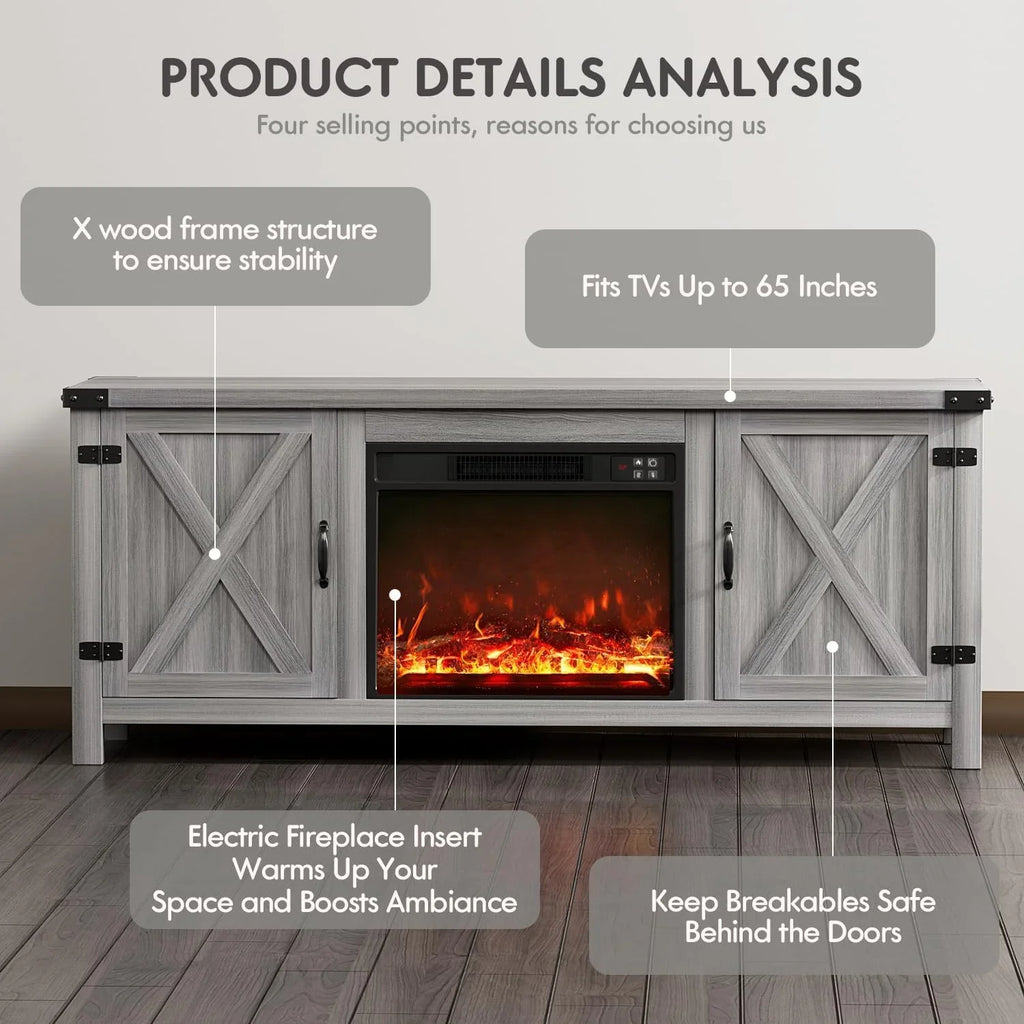 YESHOMY tv-meubel met open haard en twee schuifdeuren, opbergkasten voor tv's tot 65 inch en groter, entertainmentmeubel, mediameubel voor de woonkamer, 58 inch 