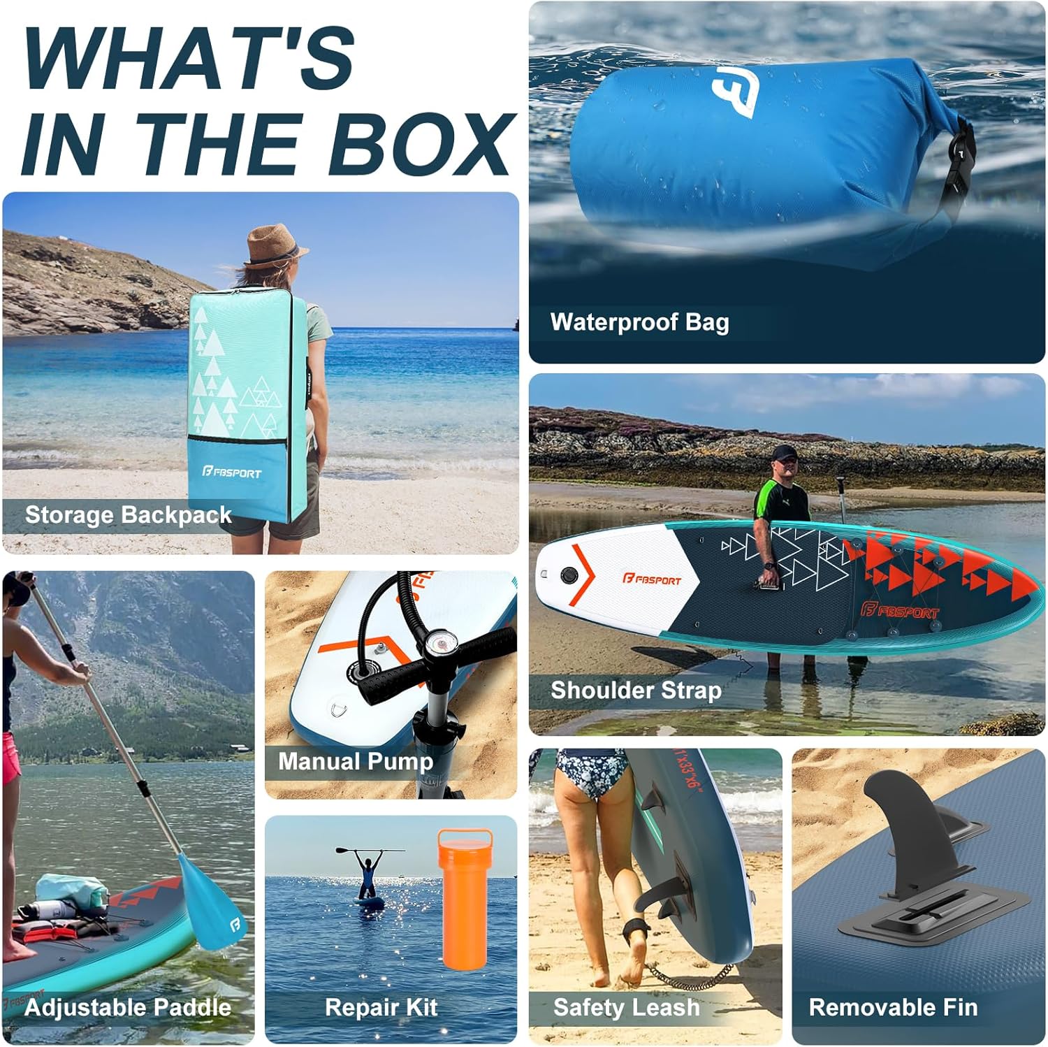 Planche de stand up paddle FBSPORT Premium 11', planche de yoga, contrôle du surf, pont antidérapant, attache, pagaie et pompe