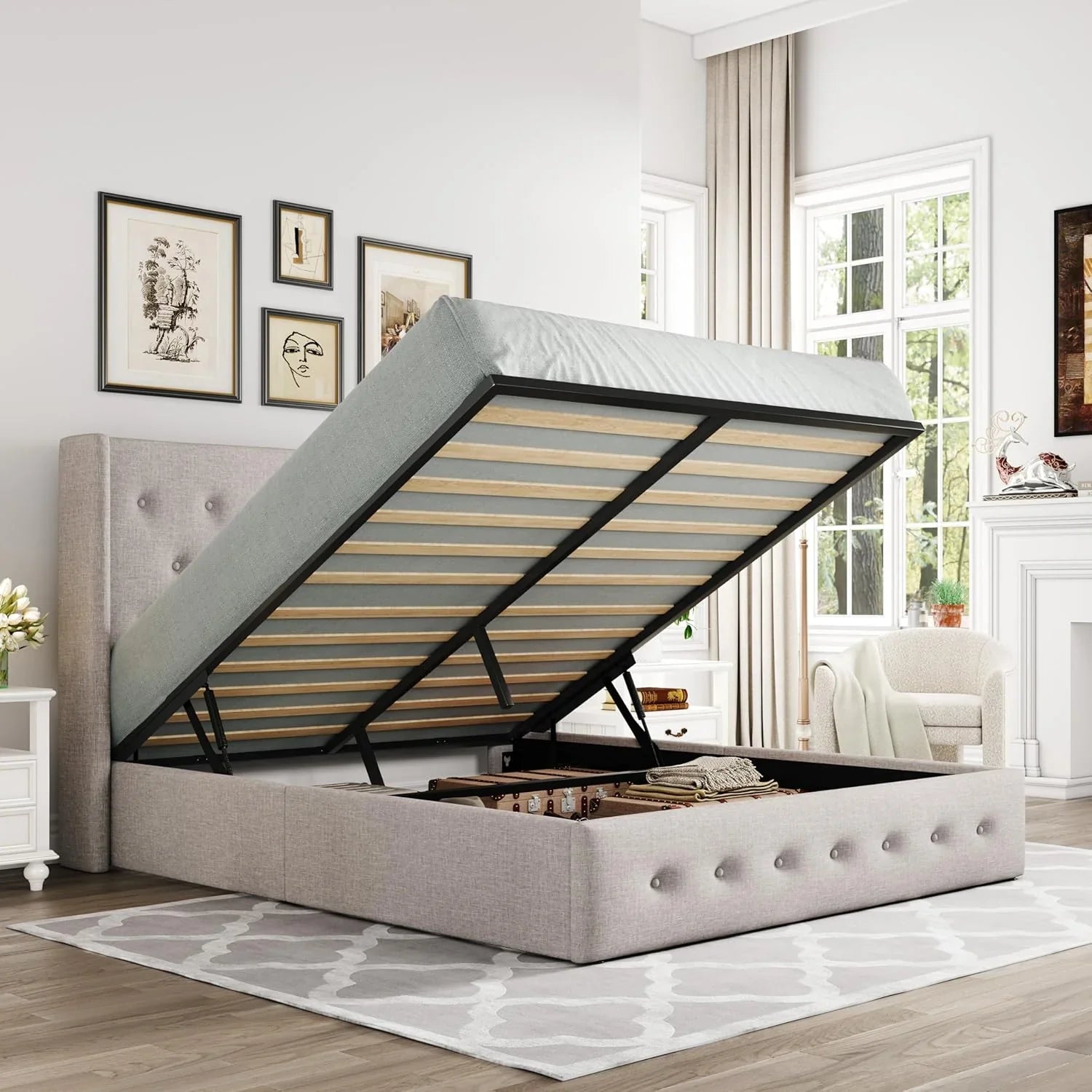 Lit queen-size relevable avec rangement Allewie, tête de lit à oreilles moderne et support hydraulique