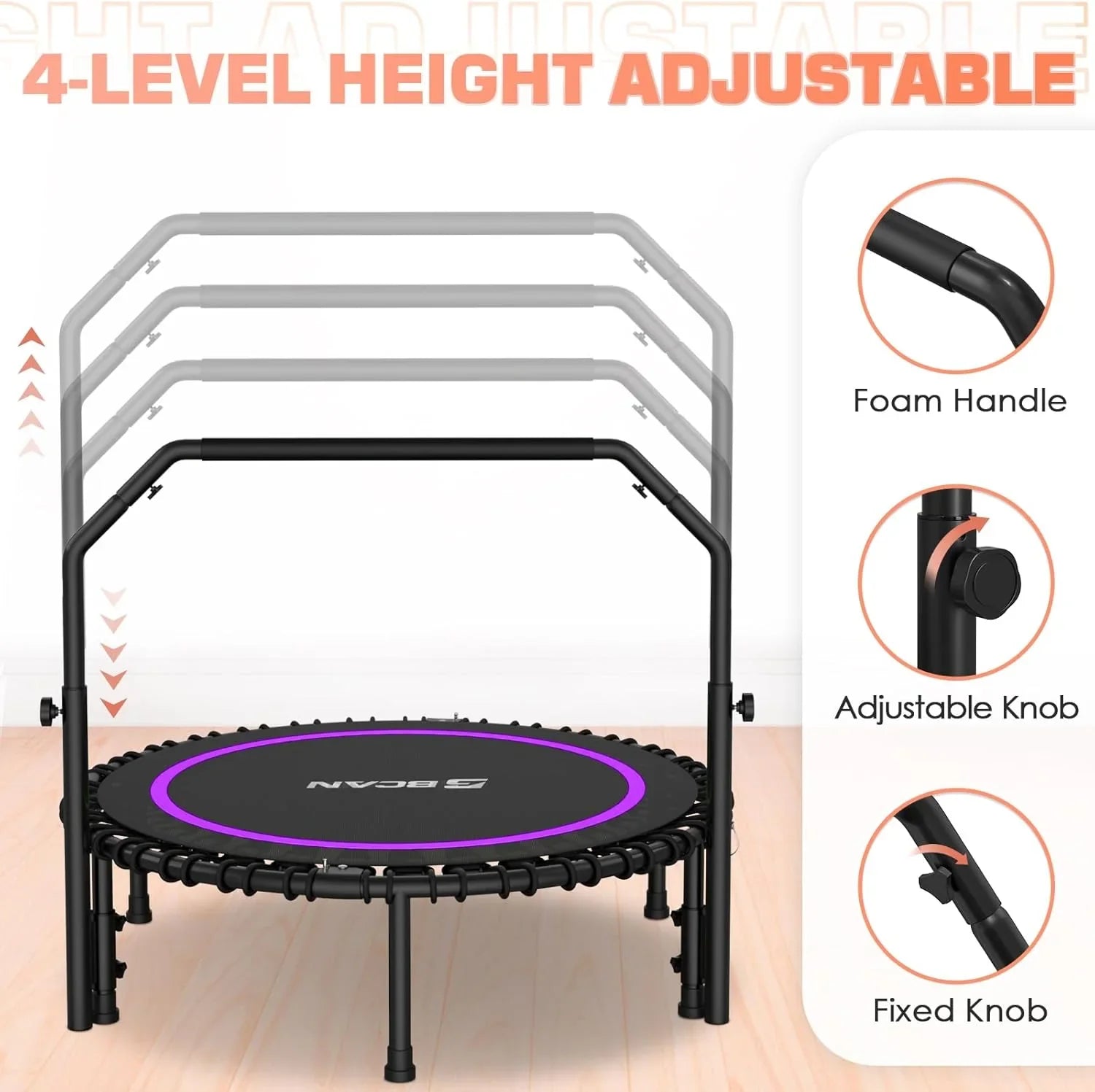 Mini-trampoline pliable BCAN 450/550 lb, trampoline de fitness 40"/48" stable et silencieux
