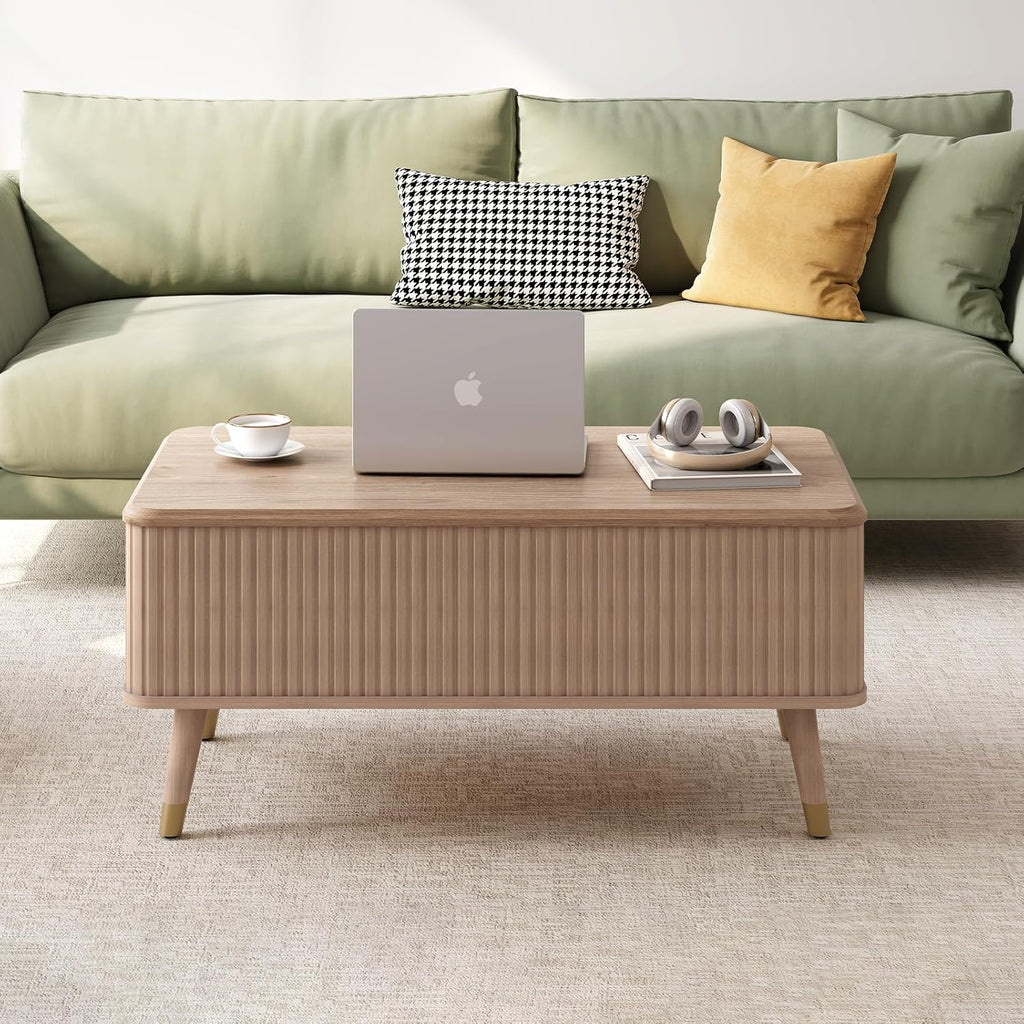 Table basse ronde avec rangement, table centrale encastrée avec portes coulissantes