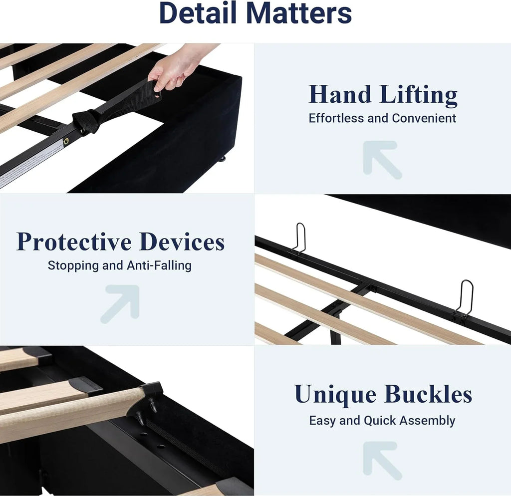 Lit queen-size relevable avec rangement Allewie, tête de lit à oreilles moderne et support hydraulique