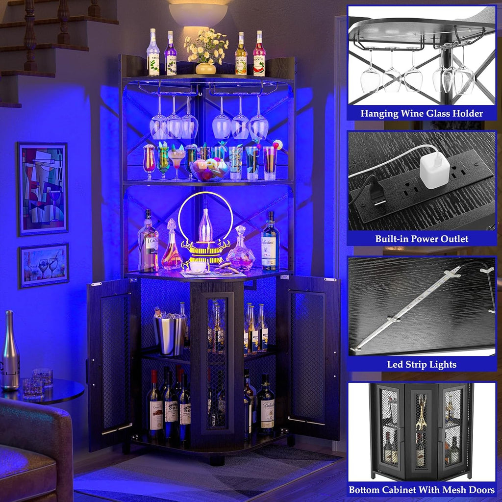Meuble bar d'angle avec prise de courant, armoire à vin de style industriel avec bande lumineuse LED et support à verres, meuble bar à vin à cinq niveaux pour la maison, vitrine d'angle pour petit espace