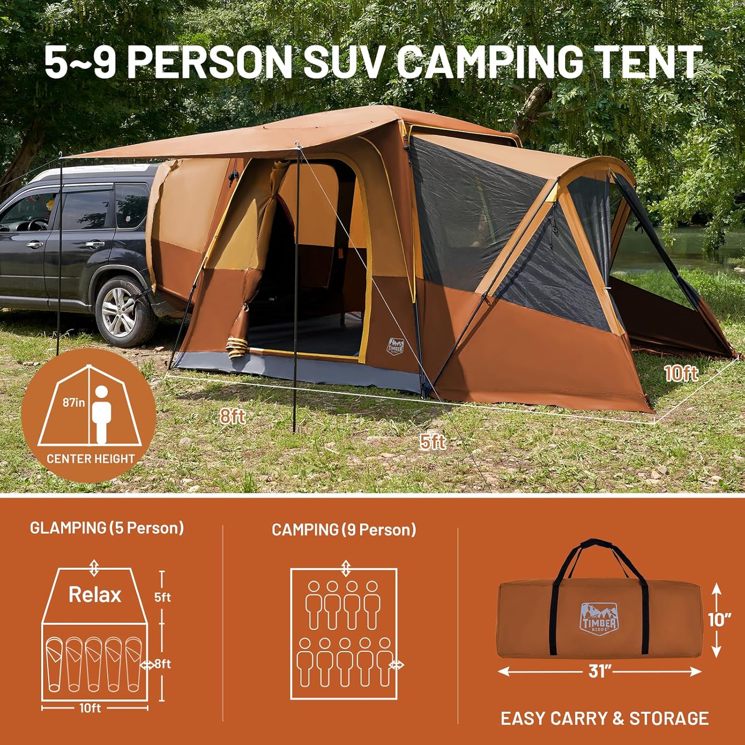 Tente SUV Timber Ridge 5 à 9 personnes avec porche et auvent pour camping familial
