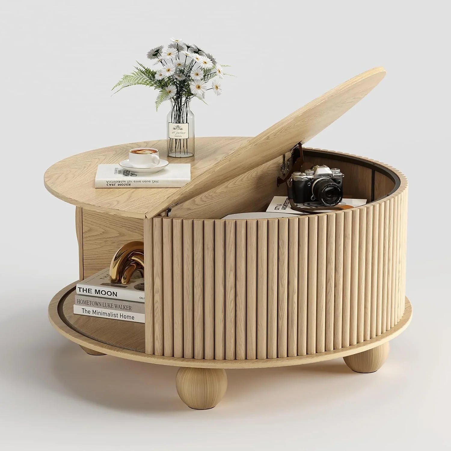 Table basse ronde avec rangement, table centrale encastrée avec portes coulissantes