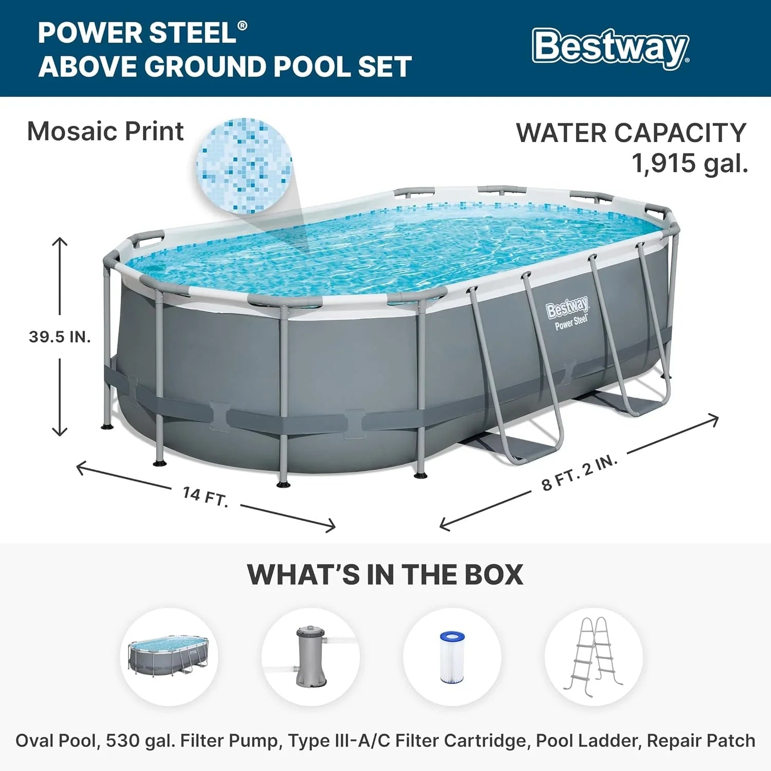 Piscine hors sol ovale Power Steel 4,3 m x 2,4 m x 100 cm | Comprend une pompe de filtration de 2070 litres, une échelle et un distributeur ChemConnect.