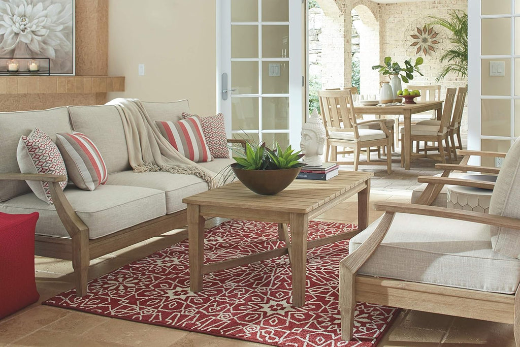 Terrasse extérieure avec vue sur la côte et canapé en eucalyptus