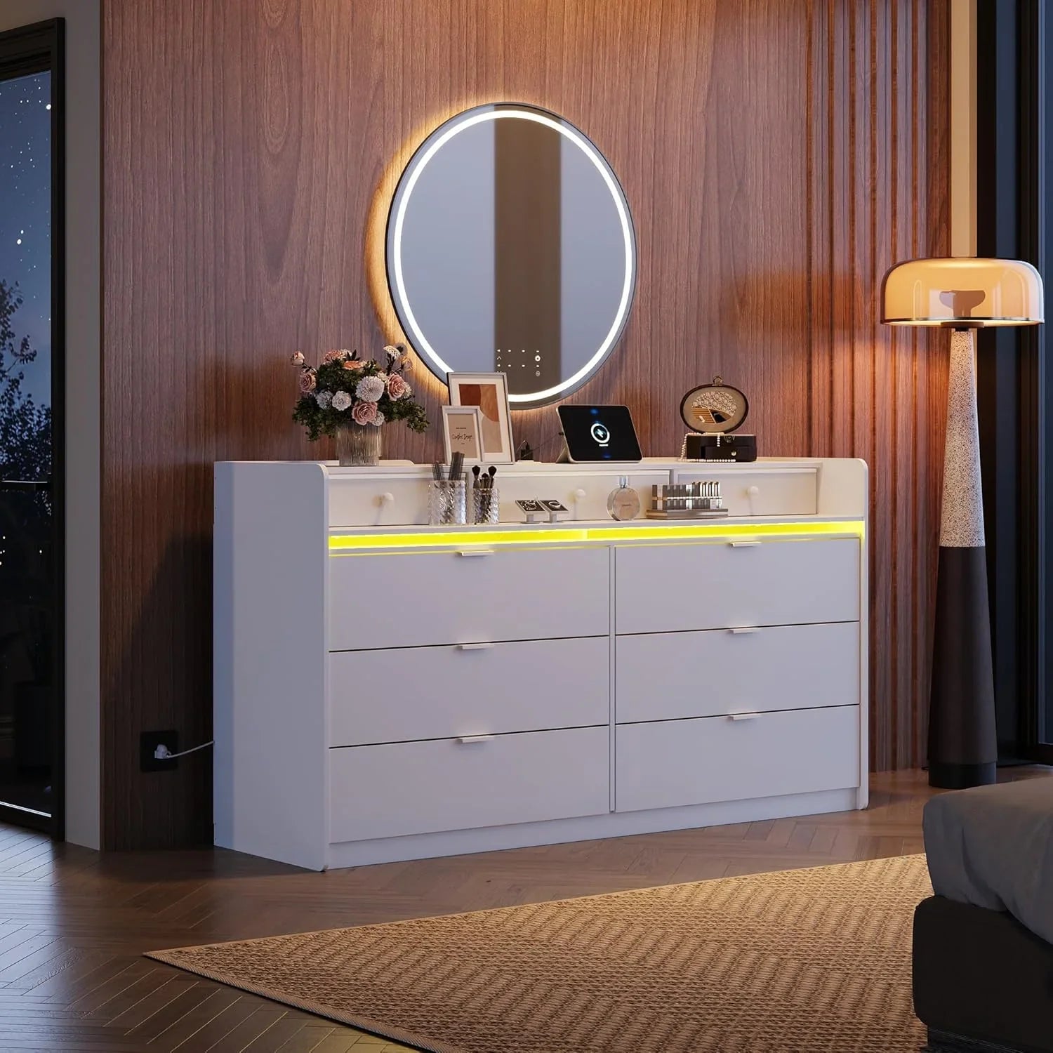 Commode LED à 9 tiroirs pour chambre à coucher, 148 cm de large, organiseur de rangement en bois avec prise électrique