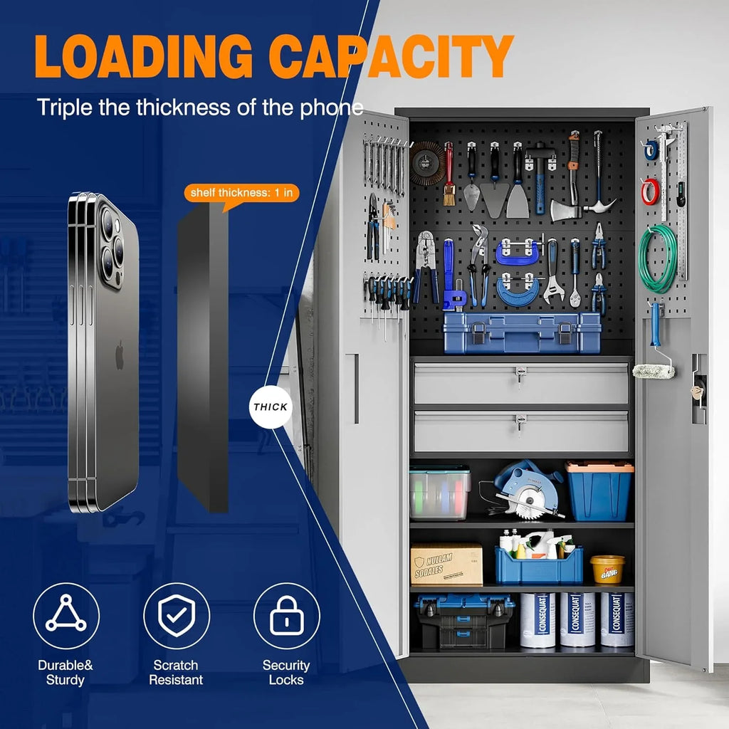 Armoire de rangement de garage en métal Yizosh avec portes verrouillables et 2 tiroirs, armoire à outils robuste en acier avec panneau perforé, 71" - Armoires verrouillables