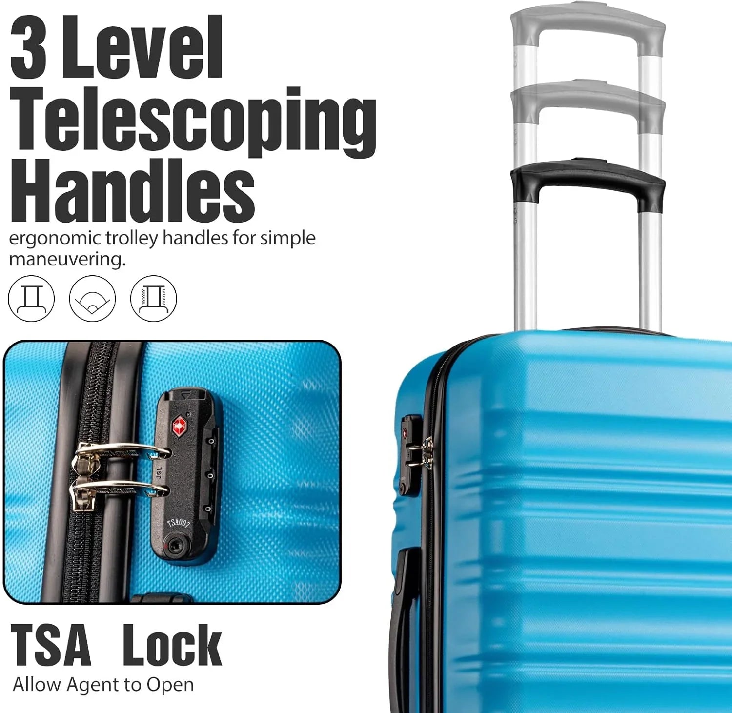 Ensemble de bagages LONG VACANCES 6 pièces : valise cabine rigide en ABS et PC, roulettes pivotantes et fermeture éclair YKK, cadenas TSA