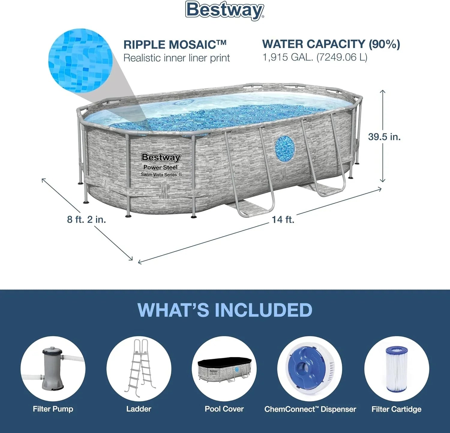 Piscine hors sol Power Steel Swim Vista Série II 4,3 m x 2,4 m x 100 cm avec pompe de filtration de 530 gal/h, échelle et bâche de protection.