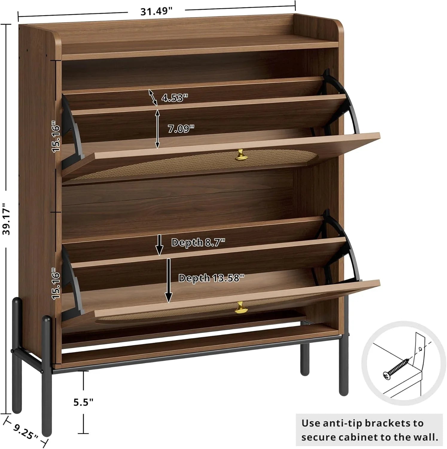 Meuble à chaussures IRONCK avec 2 tiroirs rabattables, meuble de rangement à chaussures indépendant en bois