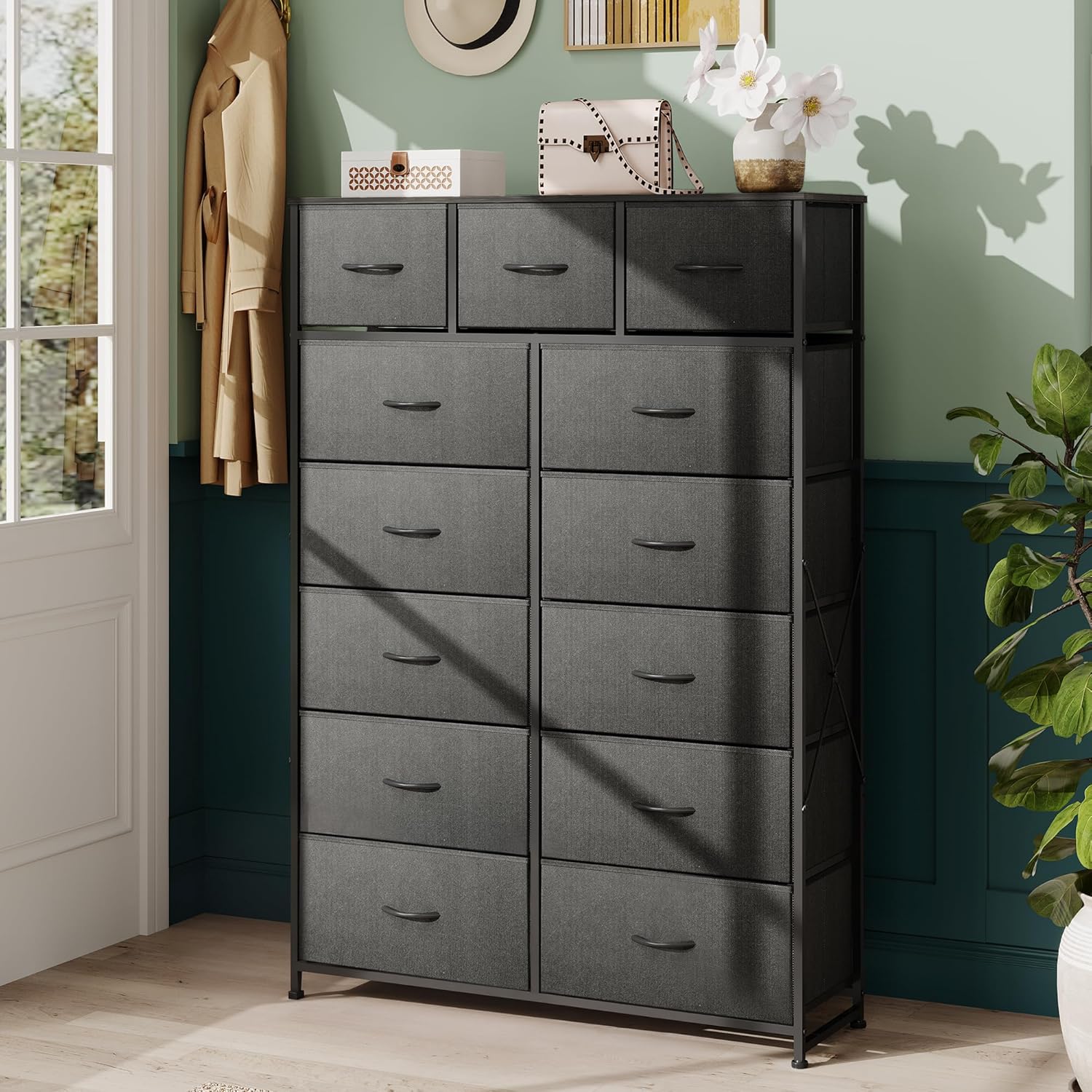 Meuble de rangement WLIVE avec 13 bacs en tissu, tiroirs de rangement avec cadre en acier, grande tour de rangement pour salon, couloir, bureau, noir anthracite