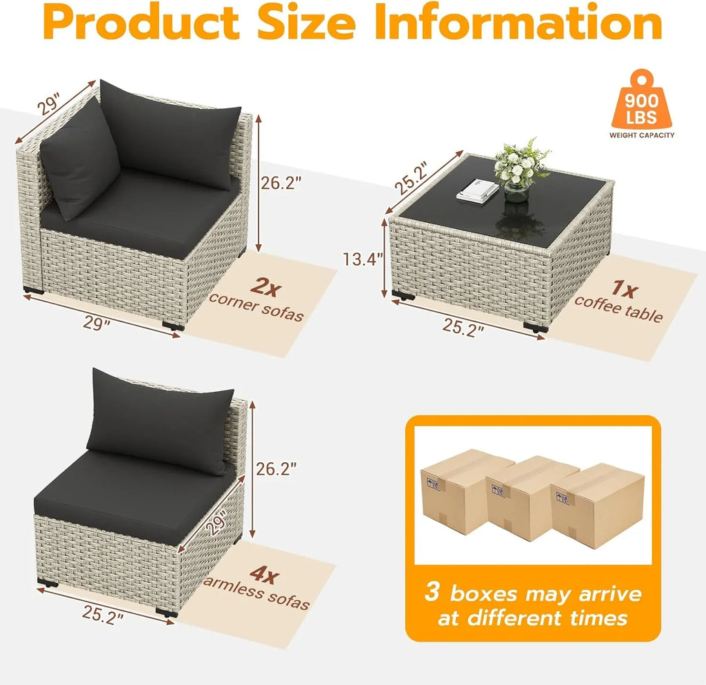 Ensemble de meubles de jardin UDPATIO, canapé sectionnel en osier PE 7 pièces avec table à thé, ensemble de conversation extérieur