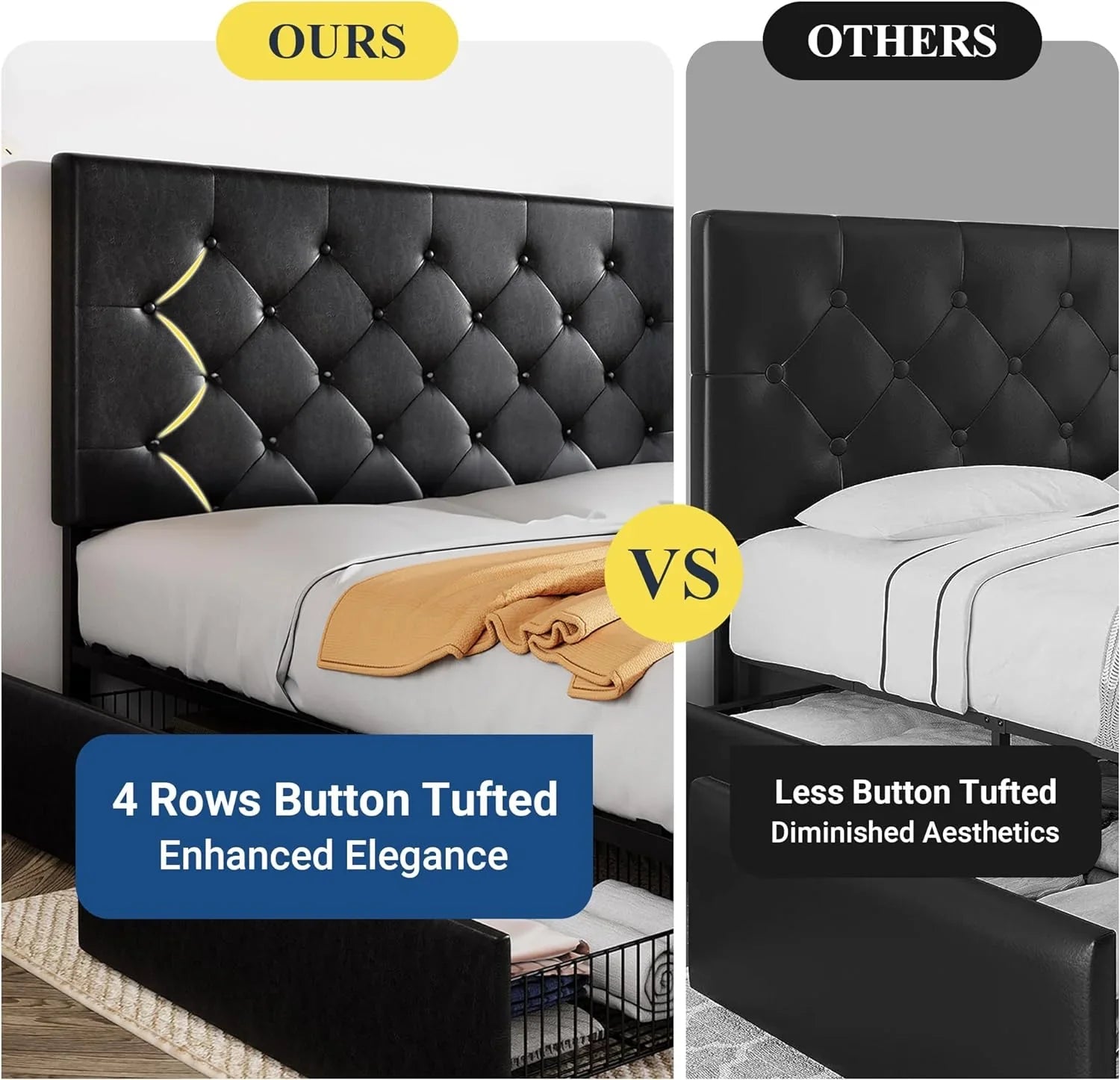 Cadre de lit plateforme Allewie rembourré Queen Size avec 4 tiroirs de rangement et tête de lit, capitonné à boutons à coutures carrées, sommier à lattes en bois, pas besoin de sommier.